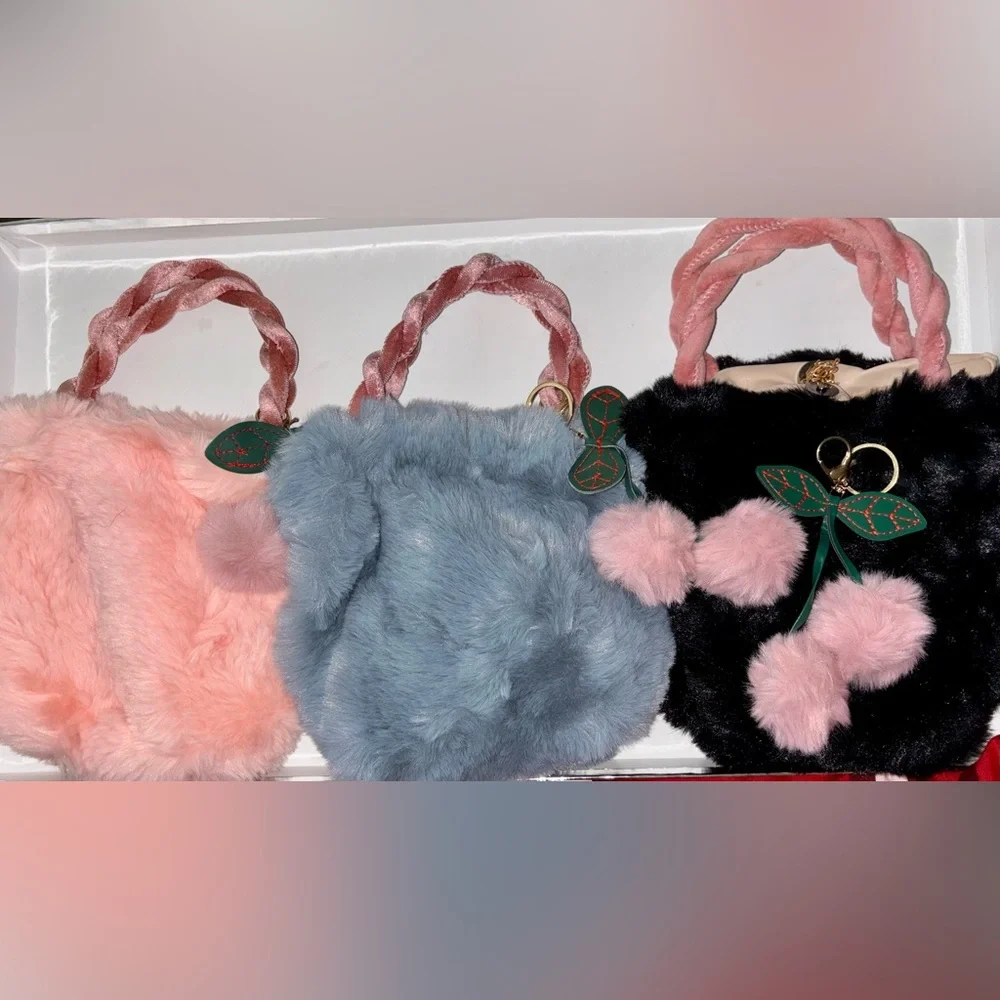 Black Fur Mini Bag with Pink Handle - Picture 4 of 4